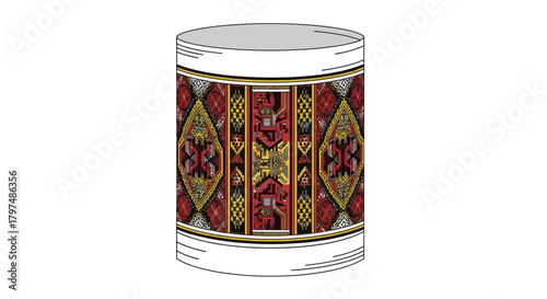 A white cylindrical container wrapped in a detailed colorful traditional ethnic embroidery pattern.