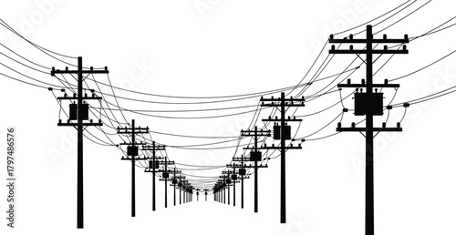 Silhouette electric power lines with utility poles extending into distance, high voltage transmission infrastructure perspective, urban energy distribution illustration