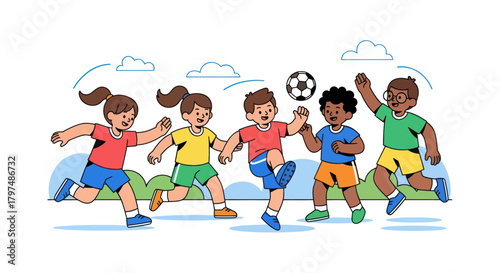 Diverse Group of Happy Children Playing Soccer Outdoors.