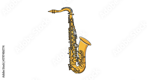 Detailed Illustration of a Golden Saxophone Musical Instrument.