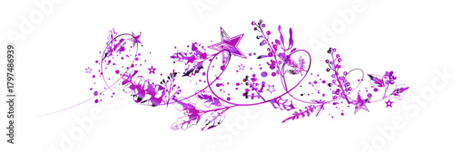 Decorative Christmas botanical design combining winter foliage, holly berries, pine needles, swirling festive elements, stars and natural seasonal branches in a refined artistic composition.