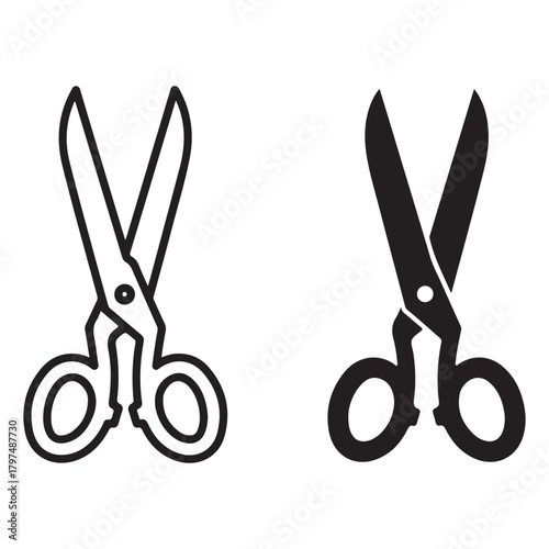 Open Scissors Icons: Line Art and Solid Silhouette on White Background