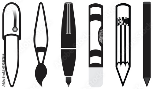 Mixed Art Tools Silhouette Icon Set.