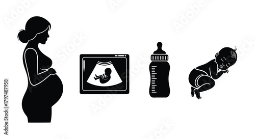 Pregnancy motherhood baby care newborn child with a bottle silhouette icons collection isolated on white background