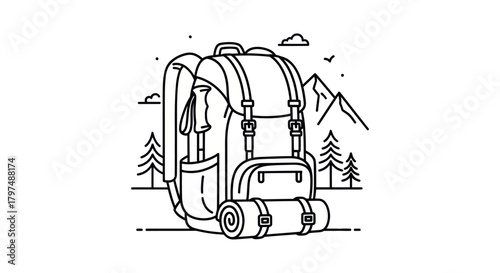 Detailed Black and White Backpack with Hiking Gear Illustration.