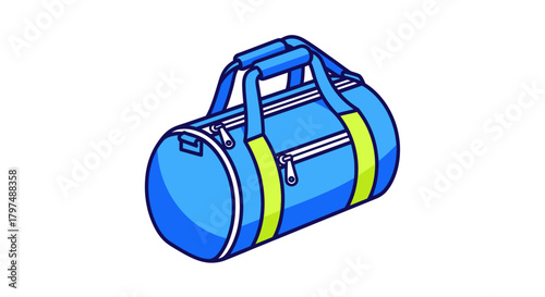 Blue duffel bag with yellow accents and zipper closures ready for travel.