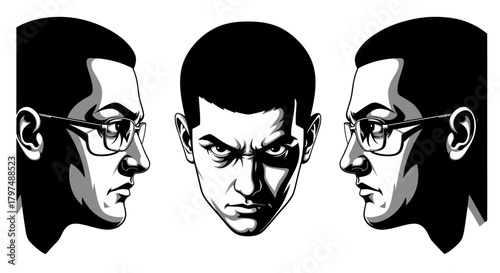 Vector Set of Intense Male Head Portraits - Determined Character or Serious Agent Mascot