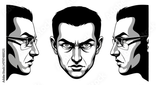 Vector Set of Angry Man Face Portraits - Intense Male Character or Boss Mascot