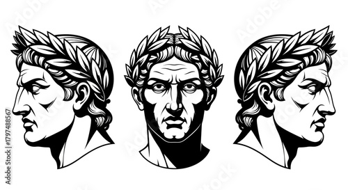 Roman Emperor Head Vector Set with Laurel Wreath - Caesar or Senator Portrait