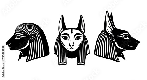 Ancient Egyptian Deity Heads Vector Set - Anubis, Bastet, and Pharaoh God Figures