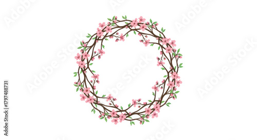 A circular wreath of intertwined branches with delicate pink cherry blossoms.
