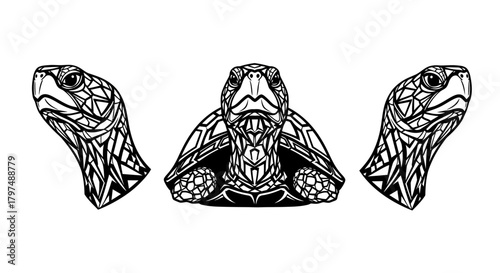 Tribal Geometric Turtle Head and Shell Vector Set - Sea Turtle Tattoo or Mascot