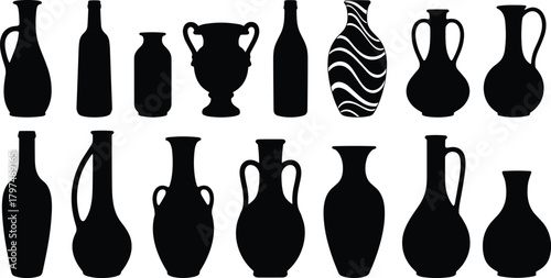 Collection of decorative vase and bottle silhouettes featuring various shapes and styles for pottery design, home decor illustration and antique art projects