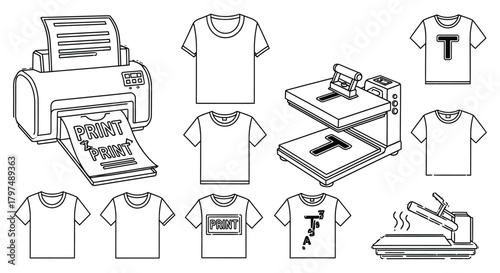 T shirt printing process equipment and design vector outline