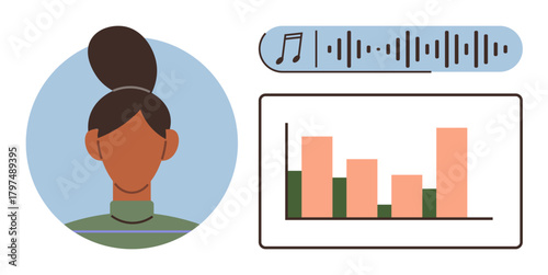 Female avatar next to sound wave and bar chart illustration representing audio data analysis and insights. Ideal for technology, AI, user analytics, music apps, voice recognition, data