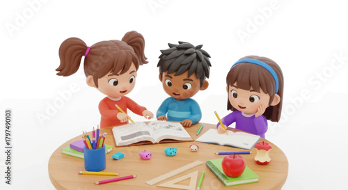 Three diverse cartoon children studying together at a round wooden table with school supplies.