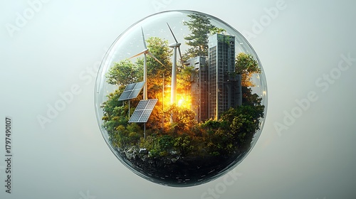 Solar panels and wind turbines inside glass bulb high resolution picture