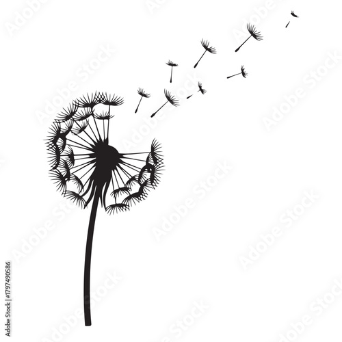 Minimalist Dandelion Silhouette with Seeds Blown by Wind