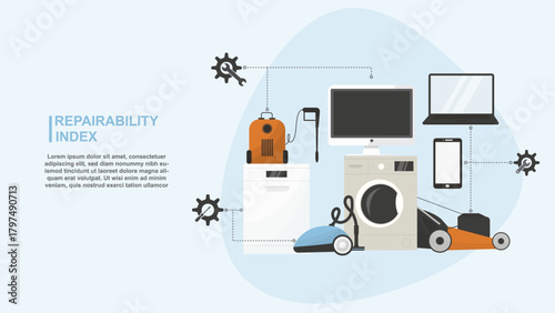 Appliance Repairability Index banner. household appliances and electronics featuring a repairability index theme, ideal for sustainability, technology, or educational concepts. Vector illustration