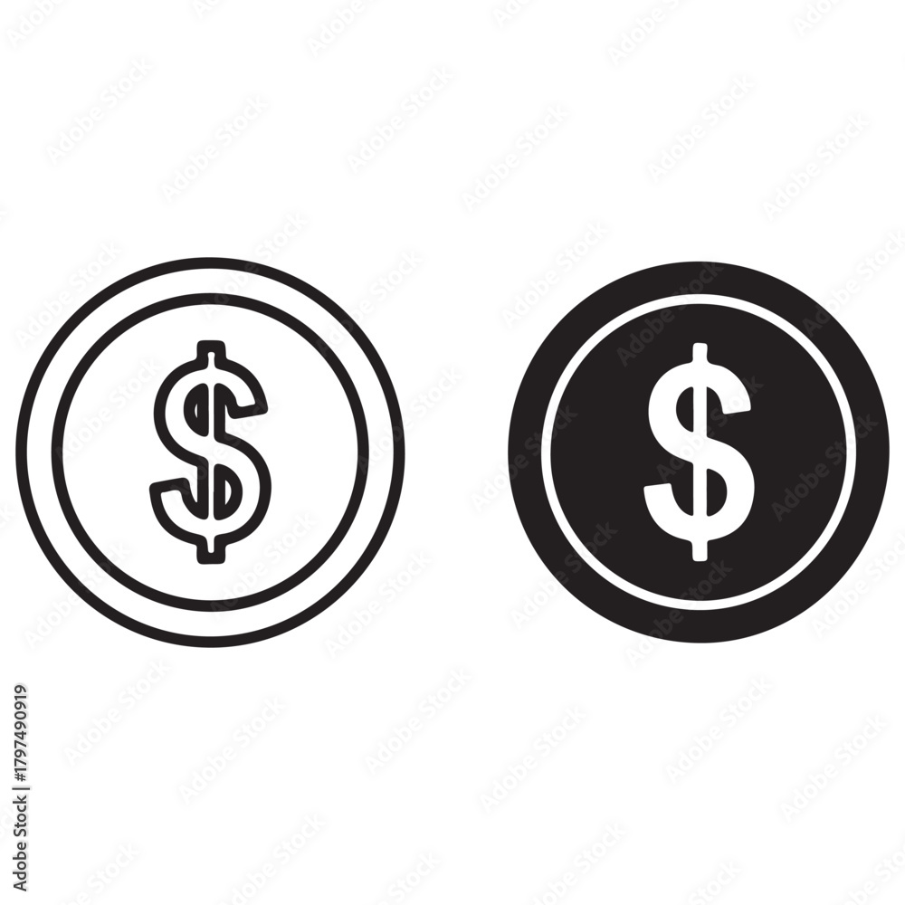 Obraz premium Outline and Solid Style Dollar Coin Icons