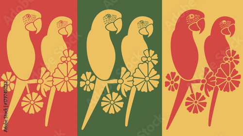 Vibrant tropical parrot pattern with colorful flowers for a fun, summery vibe perfect for textiles, wallpaper, or unique product designs