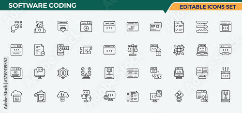 Software Coding line icon set. Contain linear sign coding, web, technology, programming coding, develop and more. Coding related icon set. Thin line icons set. Vector illustration. Pixel perfect.
