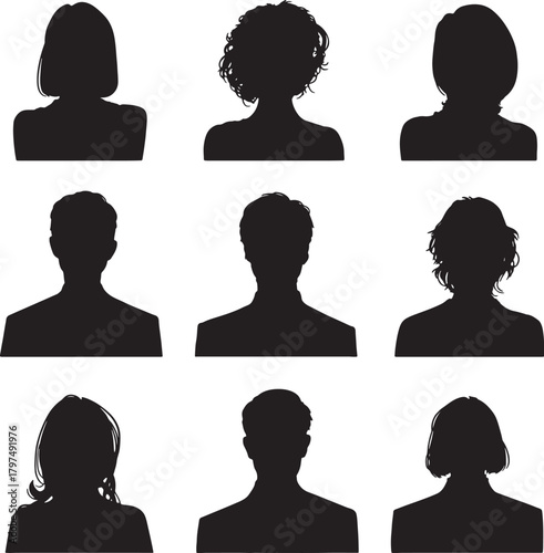 Nine Silhouette Headshot Portraits Diverse People vector