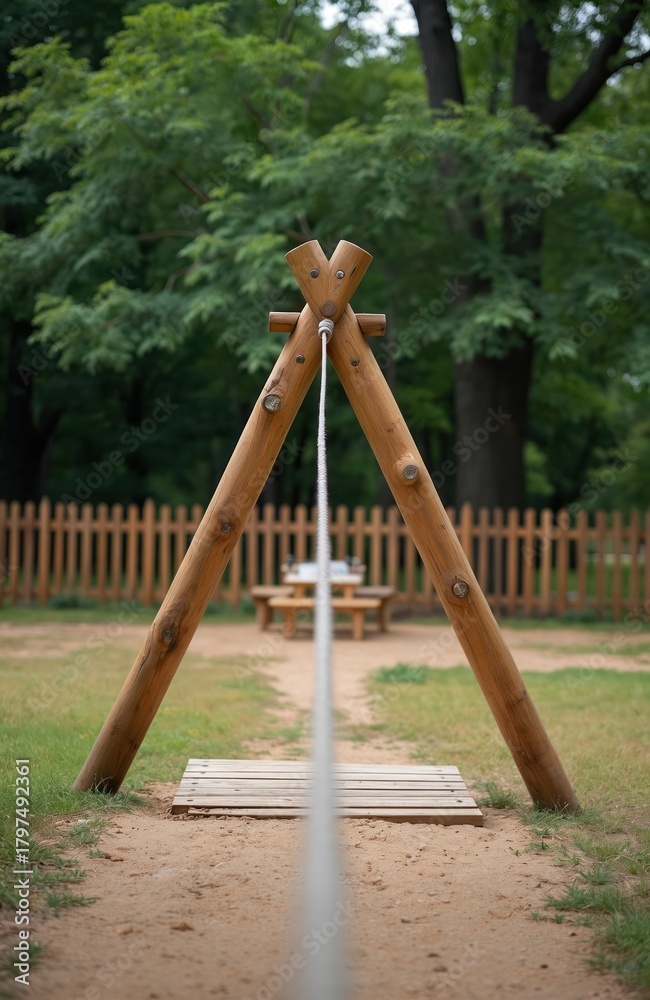 Fototapeta premium Empty wooden zipline swing structure stands in outdoor park playground. Green trees, rustic fence in background. Sand, grass cover ground. Natural play area invites kids to enjoy fun outdoor