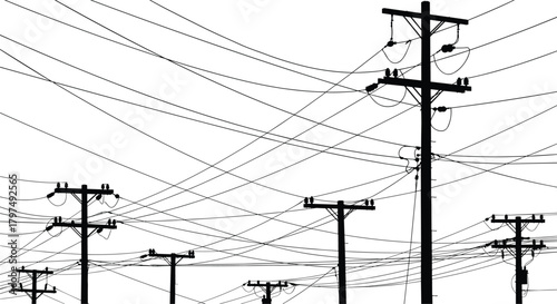 Silhouette of multiple electrical utility poles with overlapping power lines creating a complex urban wiring network against a clear white background