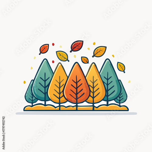 Autumn Forest Scene with Falling Leaves and Colorful Trees.