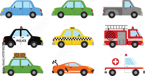 Colorful collection of cartoon vehicle illustrations featuring cars, taxi, police, ambulance, fire truck, race car and pickup truck for design projects