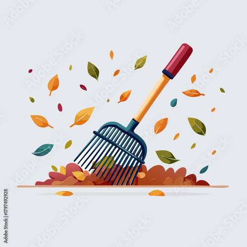 Autumn Raking Leaves Illustration with Garden Tool.