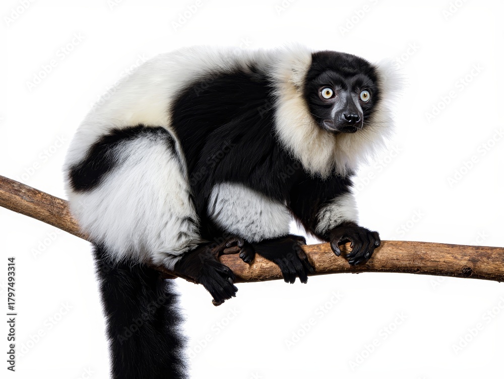 Naklejka premium Mischievous Black and White Lemur Perches on Branch