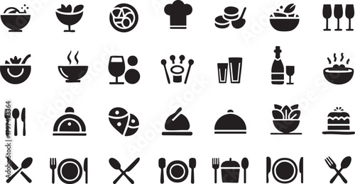 Catering icon set. Containing fork, spoon, knife, plate, cloche, tray, chef hat, beverage, food, dining table, and waiter. Cutlery or tableware in restaurant. Vector ...
