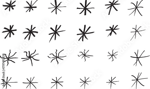 A collection of artistic and colorful star doodles. drawn asterisks and star shapes. Colorful brush drawn asterisks, vector funky geometric figures Rough symbols