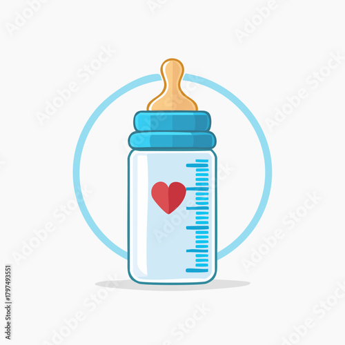 Baby Bottle with Red Heart Icon in Blue Circle.