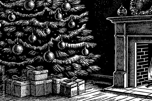 beautifully decorated Christmas tree stands beside a fireplace inside a warm living room, with gifts, soft lighting, and holiday atmosphere