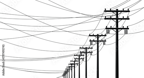 Silhouette electric utility poles with long overhead power lines in deep perspective, high voltage energy transmission infrastructure illustration for industrial concept