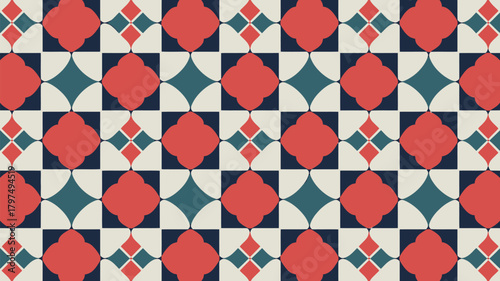 Elegant retro tile pattern design in red, teal, and cream colors, perfect for backgrounds, textiles, packaging, and adding a vintage touch