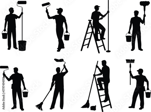 silhouette, cleaning, painting, workers, tools, broom, mop, bucket, ladder, roller, maintenance, janitor, black, figure, posture, illustration, construction, chore, task, graphic, design