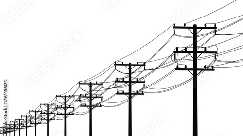 Silhouette of multiple utility poles with long, curving power lines creating perspective, representing electricity distribution, infrastructure network