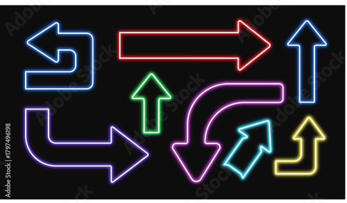 Neon arrows collection glowing pointers different shapes on black background