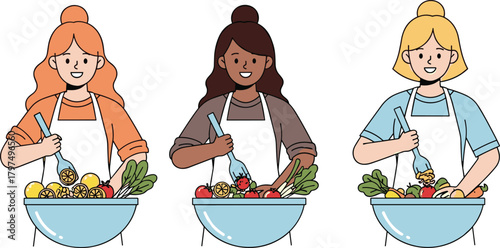 Illustration of three women preparing fresh salad in kitchen bowls with vegetables, healthy cooking, meal preparation, nutrition and lifestyle concept