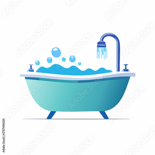 Bathtub with Bubbles and Running Shower Illustration.