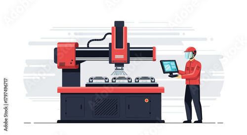 Automated industrial manufacturing process controlled by a worker using modern technology