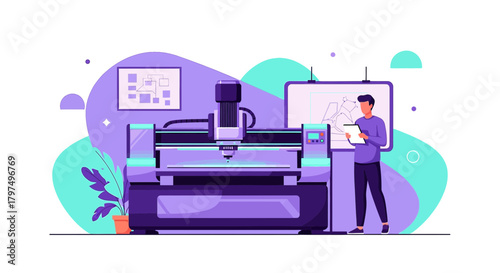 Automated manufacturing process with CNC milling machine controlled by engineer in factory