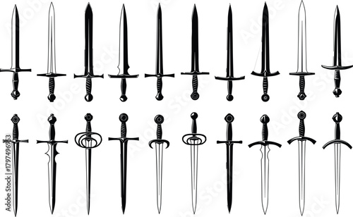 Collection of medieval sword illustrations featuring various blade styles, fantasy weapons, knight armory designs, black and white drawing set for graphic use