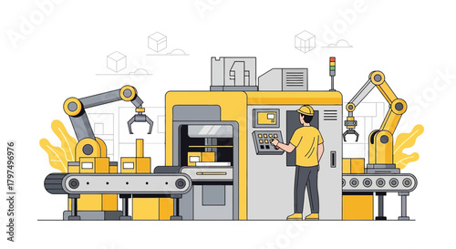 Automated manufacturing process with robotic arms and worker in control system industry