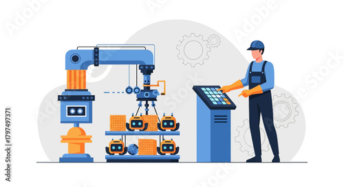 Automation and Robotics: A Man Controlling a Robotic Arm in a Factory Setting Illustration