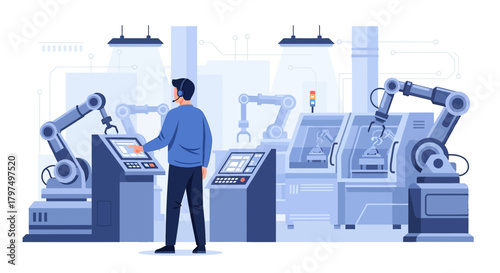 Automation in Manufacturing A worker oversees robotic arms in a modern factory setting